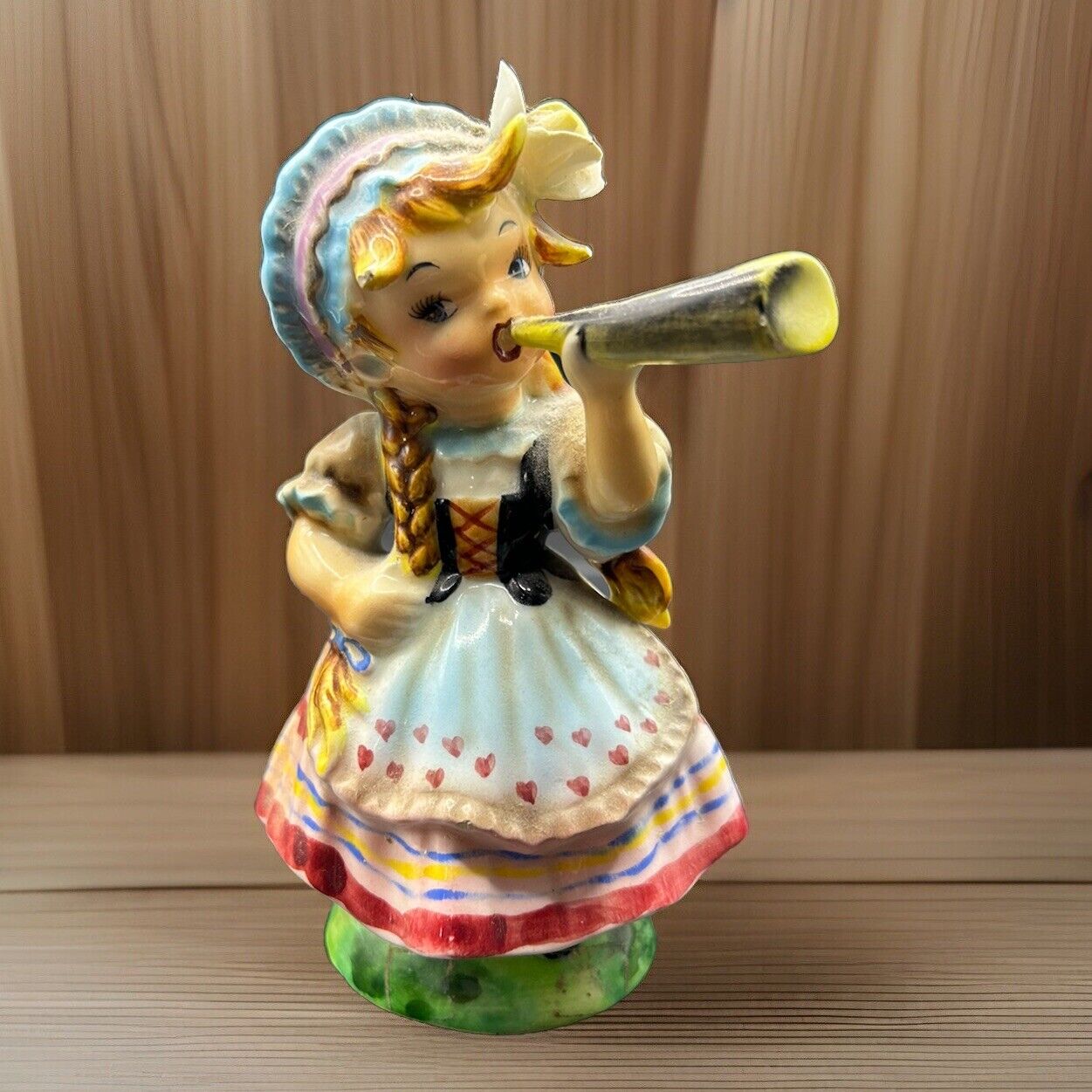 Vintage Figurine ~ Swiss Girl with Shepherd Horn ~ Unknown Maker ~ 5 inches tall
