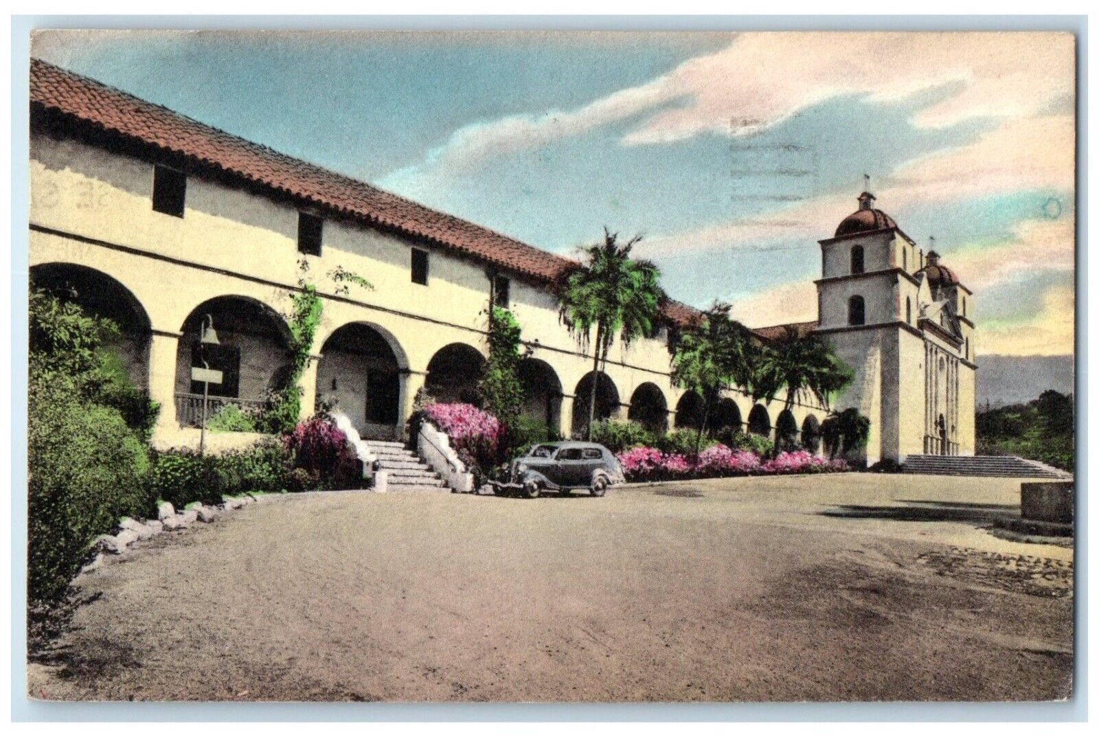 1942 Mission Santa Barbara Queen Mission Los Angeles CA Hand-Colored Postcard