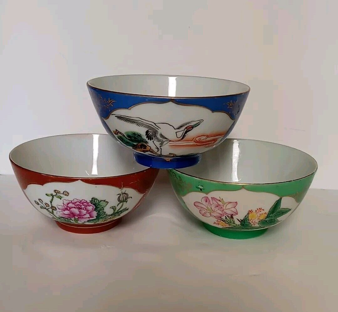 Three Hand Painted Rice Bowls