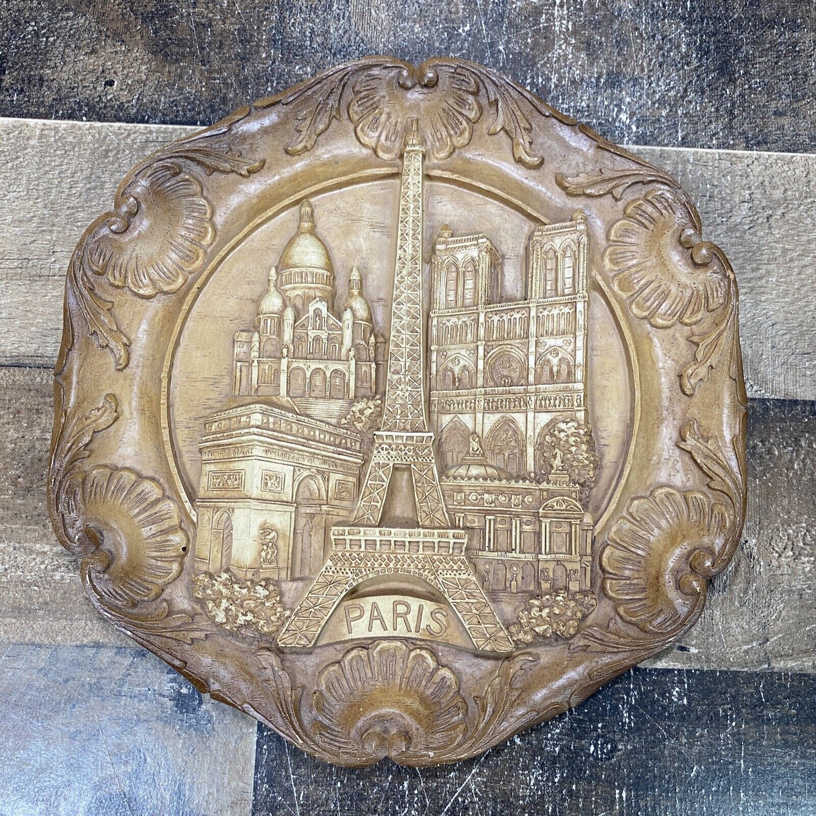 Vintage 3D Paris France Wood Carved Wall Plate Eiffel Tower Arc de Triomphe