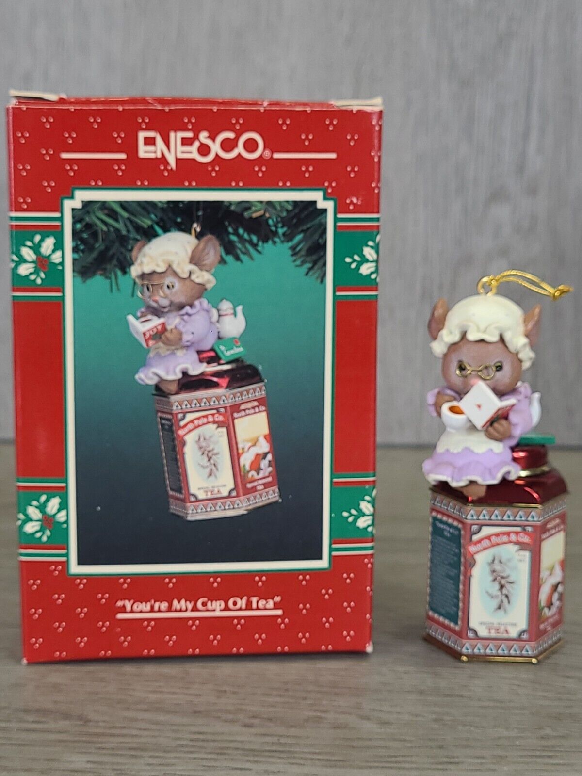 ENESCO TREASURY 1995 Christmas Ornament YOU\'RE MY CUP OF TEA Grandma Mouse VTG