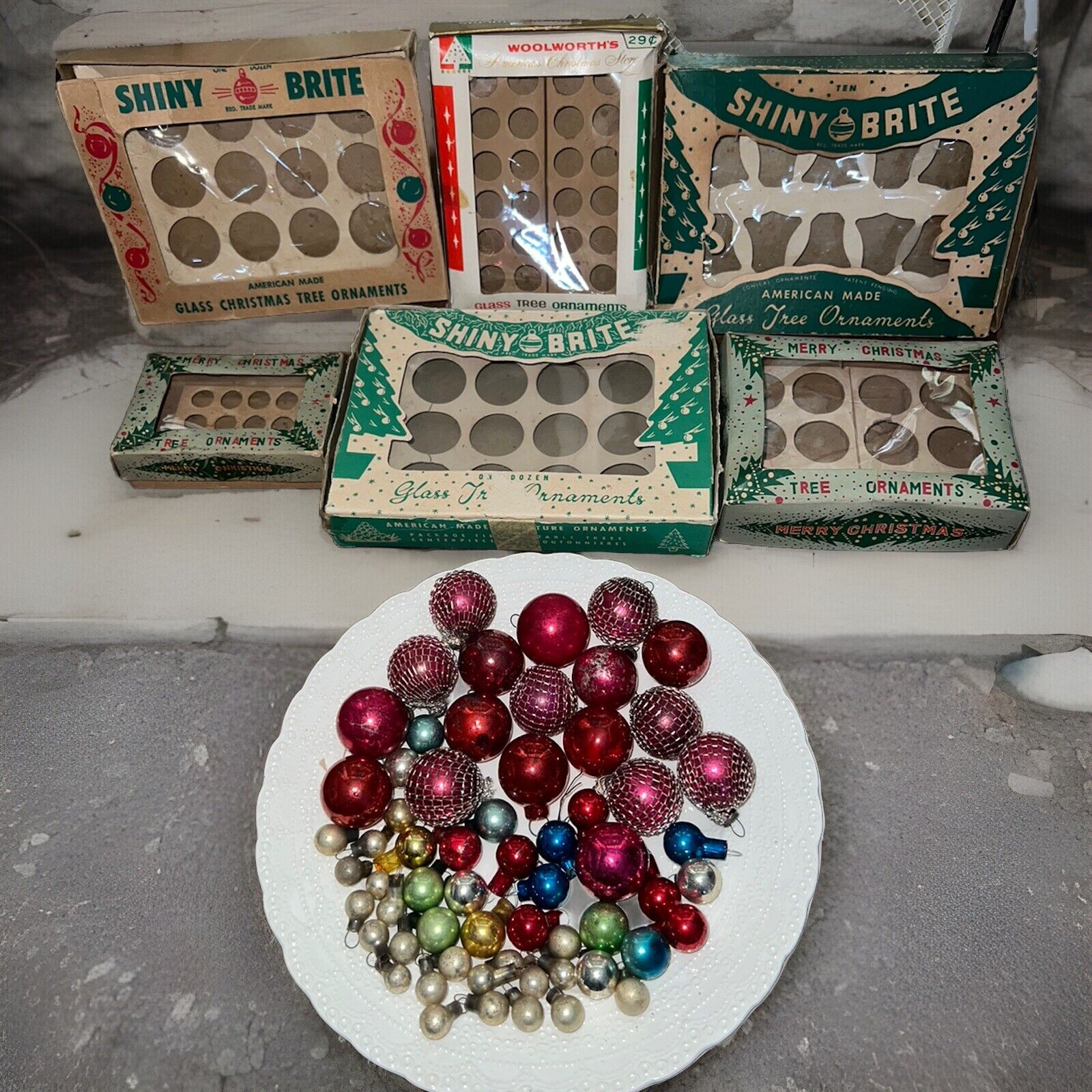 lg Lot SHINY BRITE Boxes WOOLWORTH with 61 FEATHER TREE Glass Ornaments