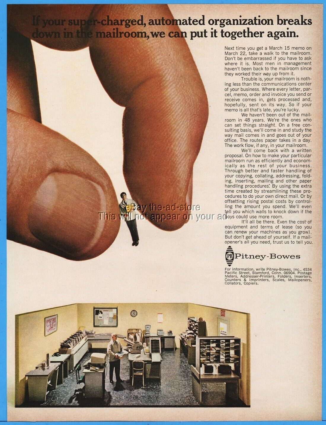 1968 Pitney Bowes Stamford CT 1960\'s mailroom photo vintage print ad