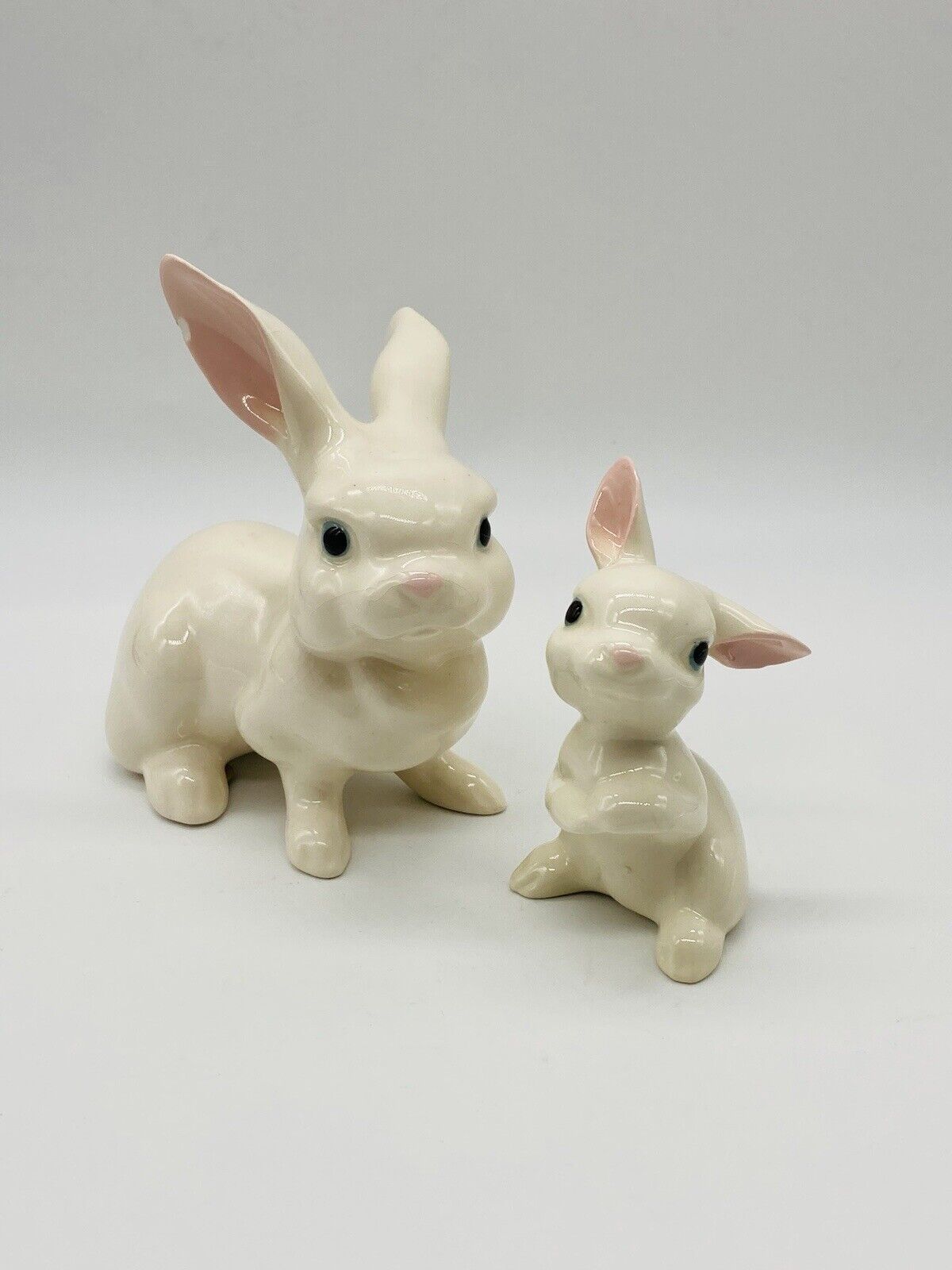 Vintage Hagen Renaker Ceramic White DW Papa Rabbit and Baby Rabbit Figurines
