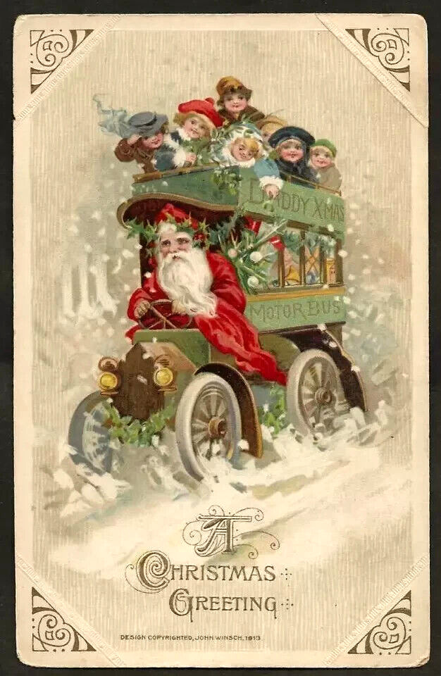 Rare~Winsch~ Santa Claus Driving Bus with Children ~Antique Christmas~ Postcard~