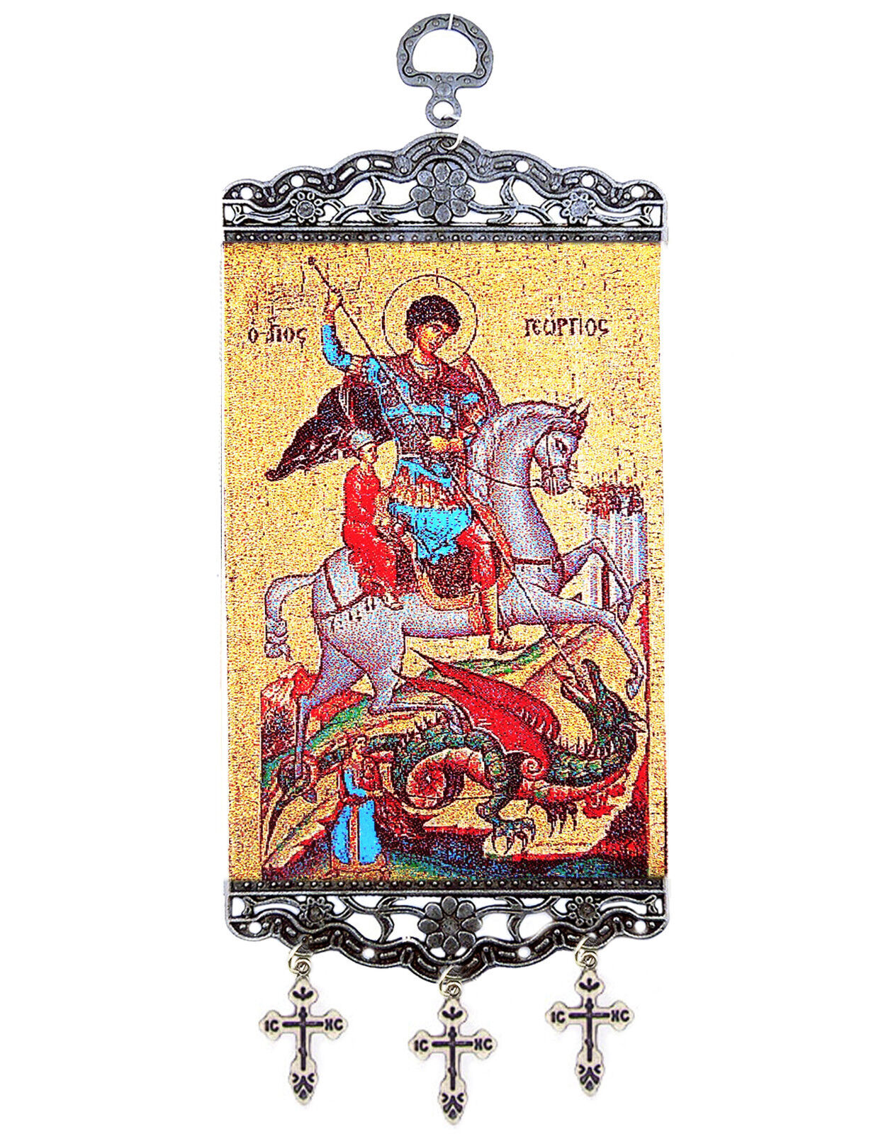 Saint St George Orthodox Icon Tapestry Banner With Three Bar Crosses 9 3/4 Inch