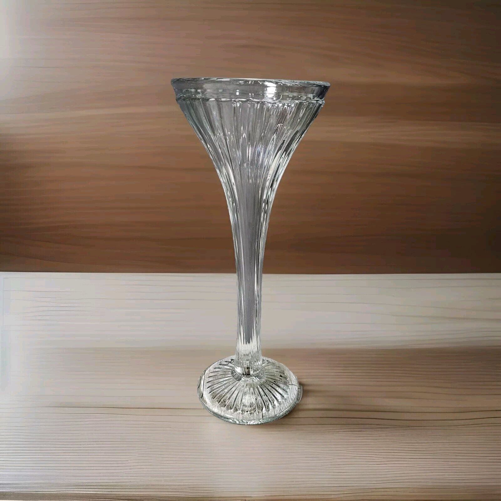 Vintage Glass Fluted Ribbed Flower Vase 11.5