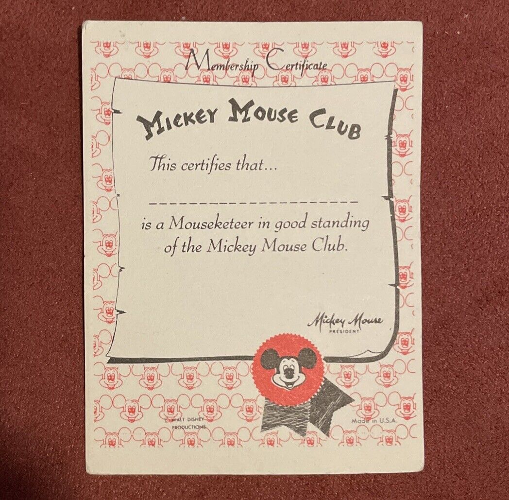 1970s Vintage Disney Mickey Mouse Club Mouseketeer Membership Certificate