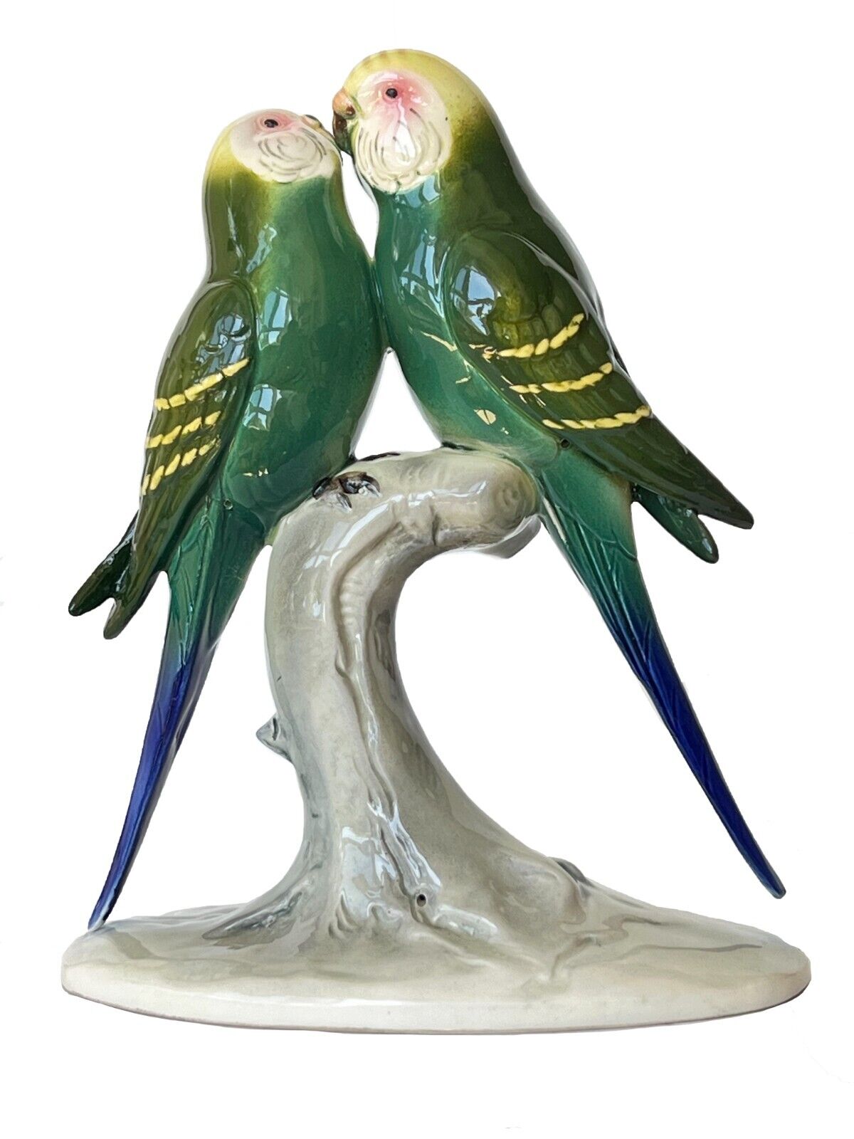 Vintage Ceramic Bird Figurine Budgerigar Parakeet Pair Courting Hertwig Germany