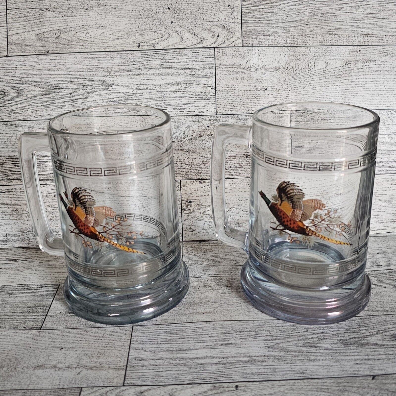 Princess House Pheasant Flying Birds Clear Glass Mugs Beer Steins Set of 2 VTG