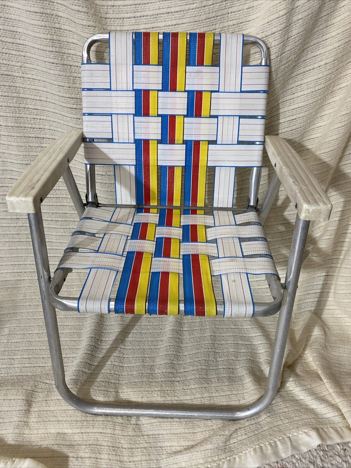 Vintage Mid Century Aluminum Nylon Webbing Low Back Folding Lawn Deck Chair