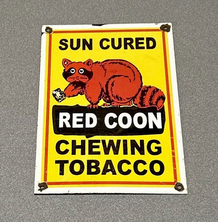 VINTAGE 12” RED RACOON CHEWING TOBACCO MOTOR OIL PORCELAIN SIGN CAR GAS