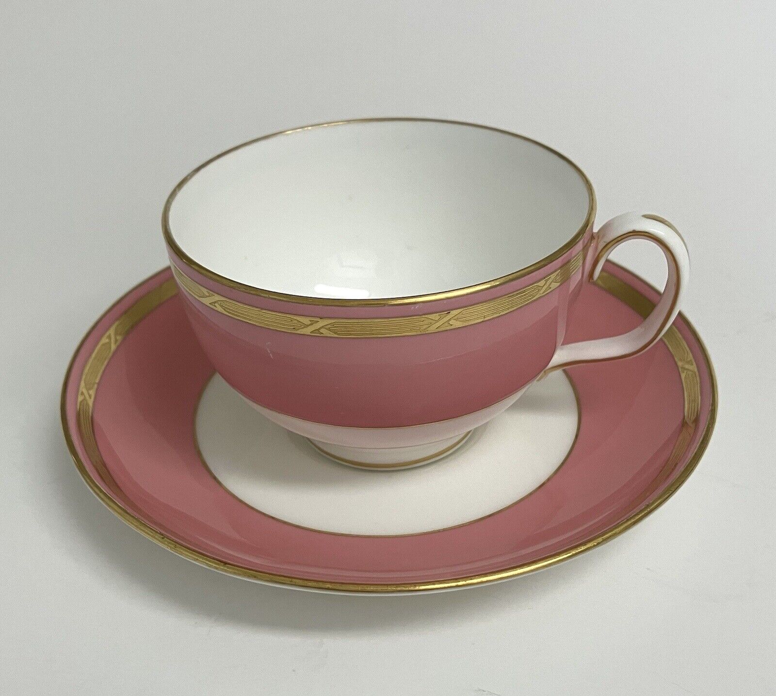 Nathan Dohrmann  S. F. Pink & White Tea Cup & Saucer w/Gold Gild Trim & Braid