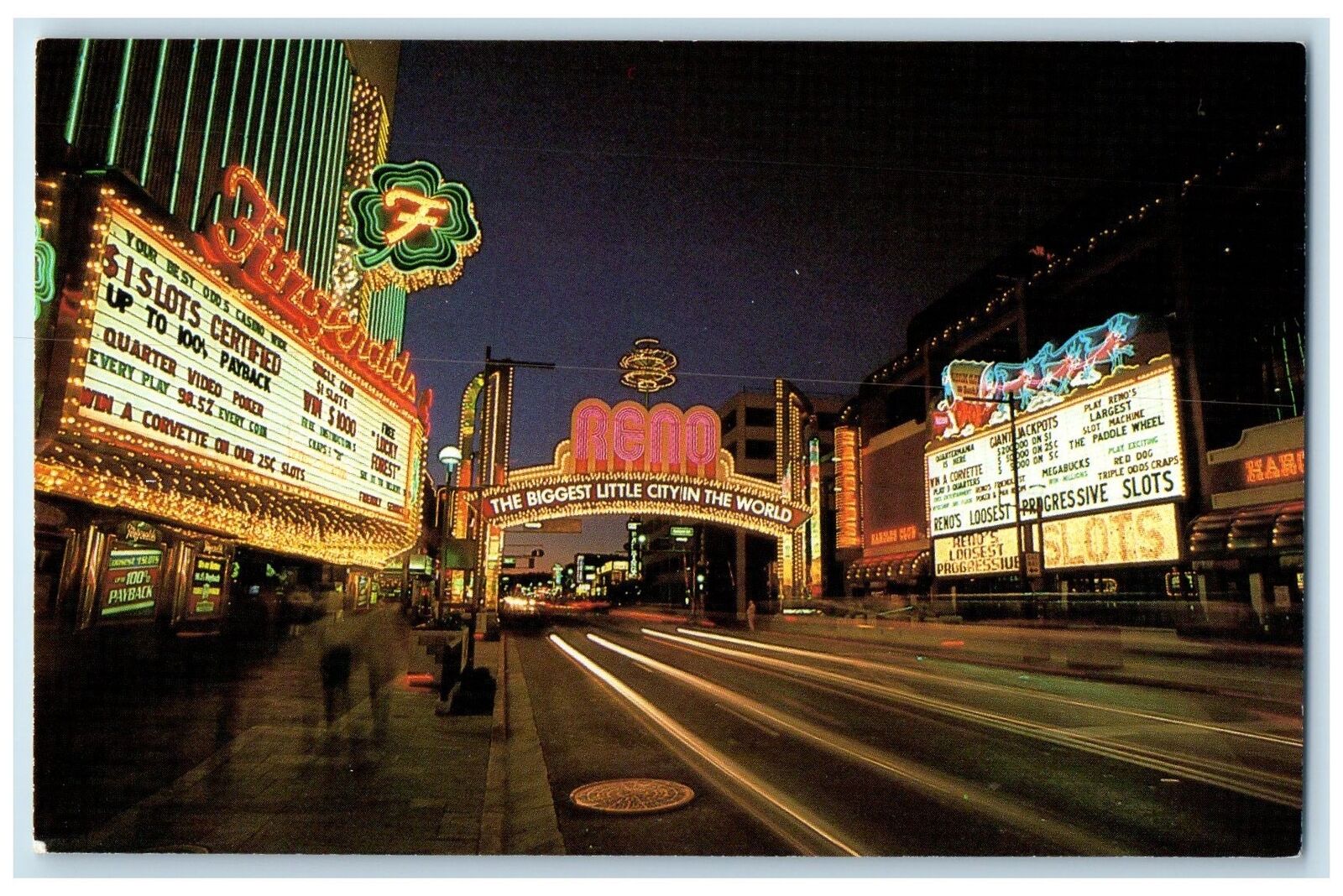 c1950's Famous Reno Arch Welcomes Visitors Casino Lights Reno Nevada NV Postcard