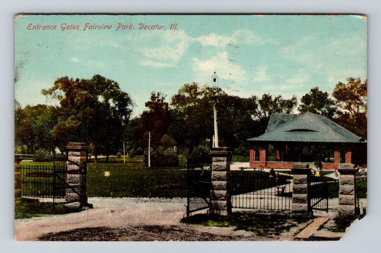 Decatur IL- Illinois, Entrance Gates Fairview Park, Vintage c1910 Postcard