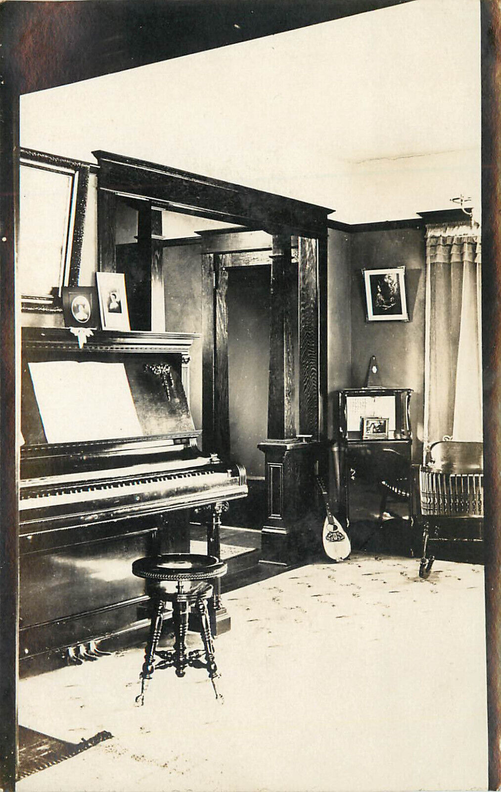 RPPC Victorian Room Interior With Piano Mandolin Music