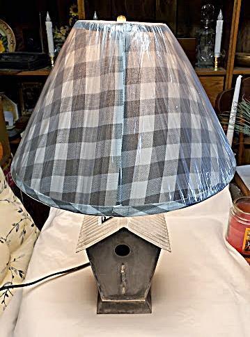 Birdhouse Lamp w/Gray Check Shade in Weathered Tin Finish by Irvin's Tinware-PS