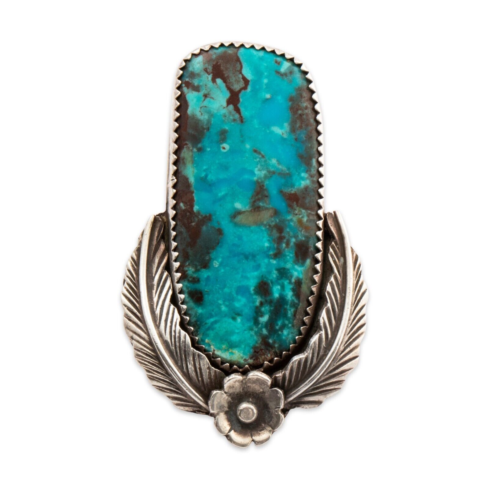 LARGE NATIVE AMERICAN STERLING BISBEE TURQUOISE APPLIED FLOWER & LEAF RING 5.25