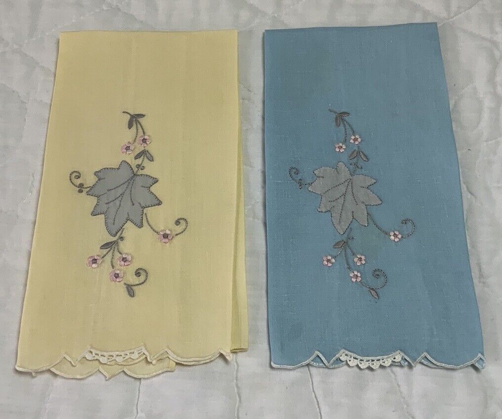 Two Vintage Tea Towels or Guest Towels, Linen, Leaf Applique, Flower Embroidery