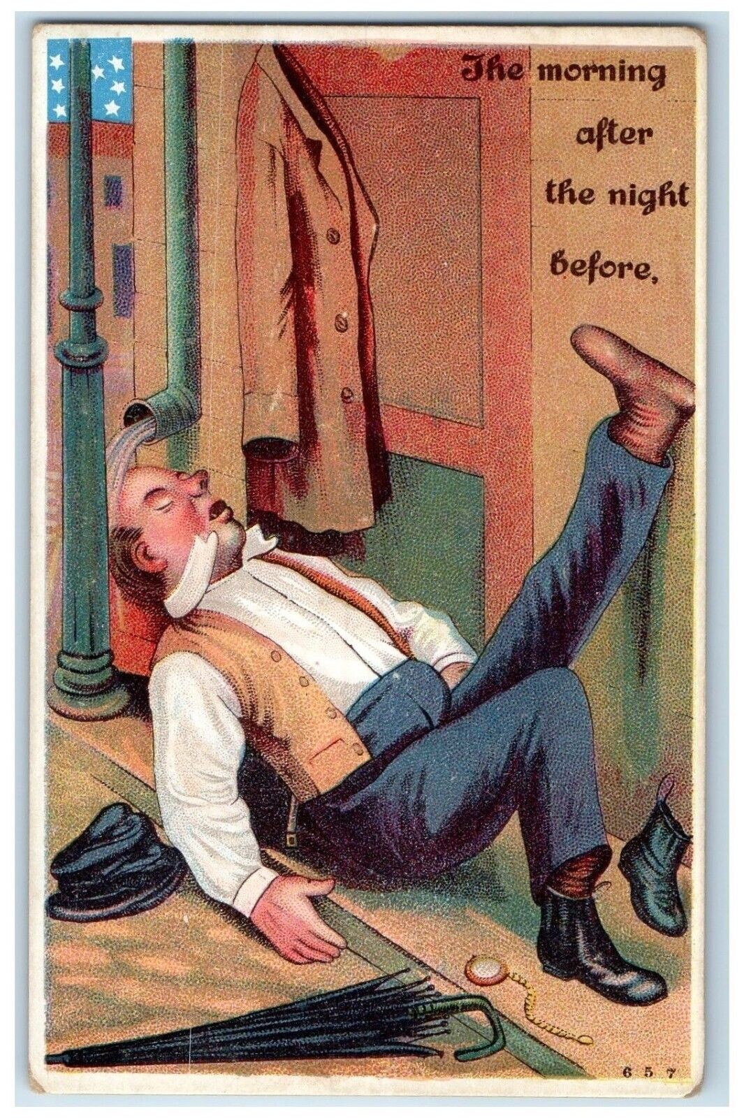 c1910's Drunk Man Sleeping The Morning After The Night Before Embossed Postcard