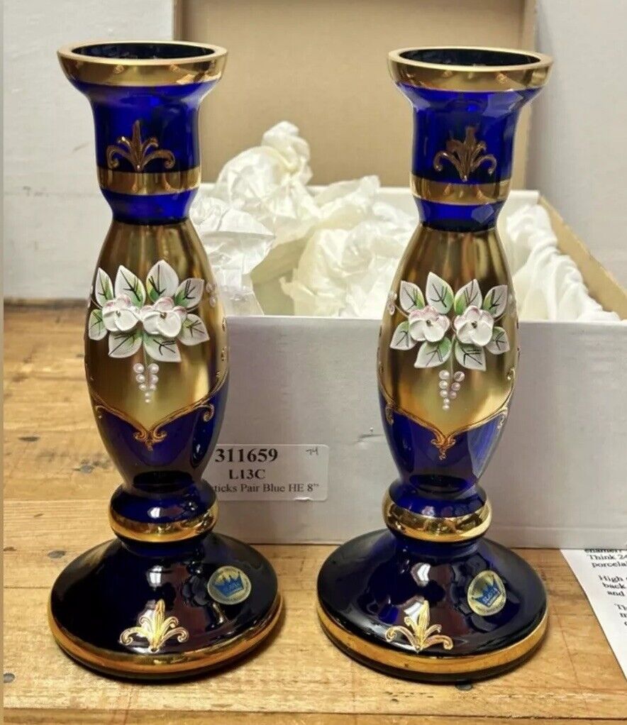 Vintage Glassworks Slavia, Pair of Bohemian Blue Crystal 24K Candlestick Holders