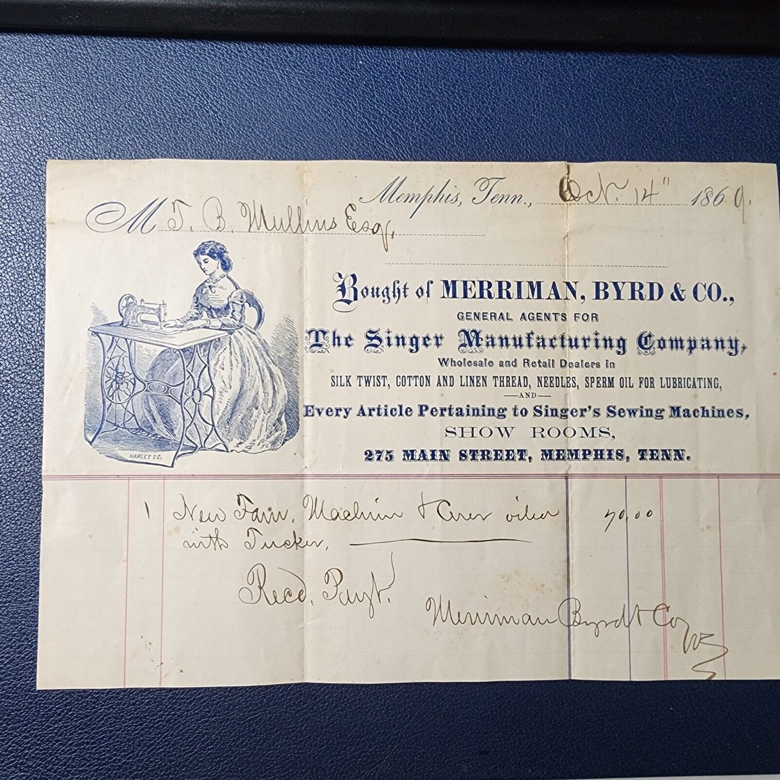 Singer Sewing Machine Company 1869 invoice Letterhead Bill Receipt Memphis, Tn.