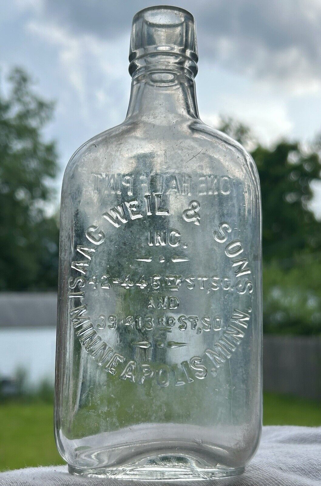 Rare Embossed Whisky Flask Issac Weil & Sons Inc Minneapolis Minnesota USA Vtg