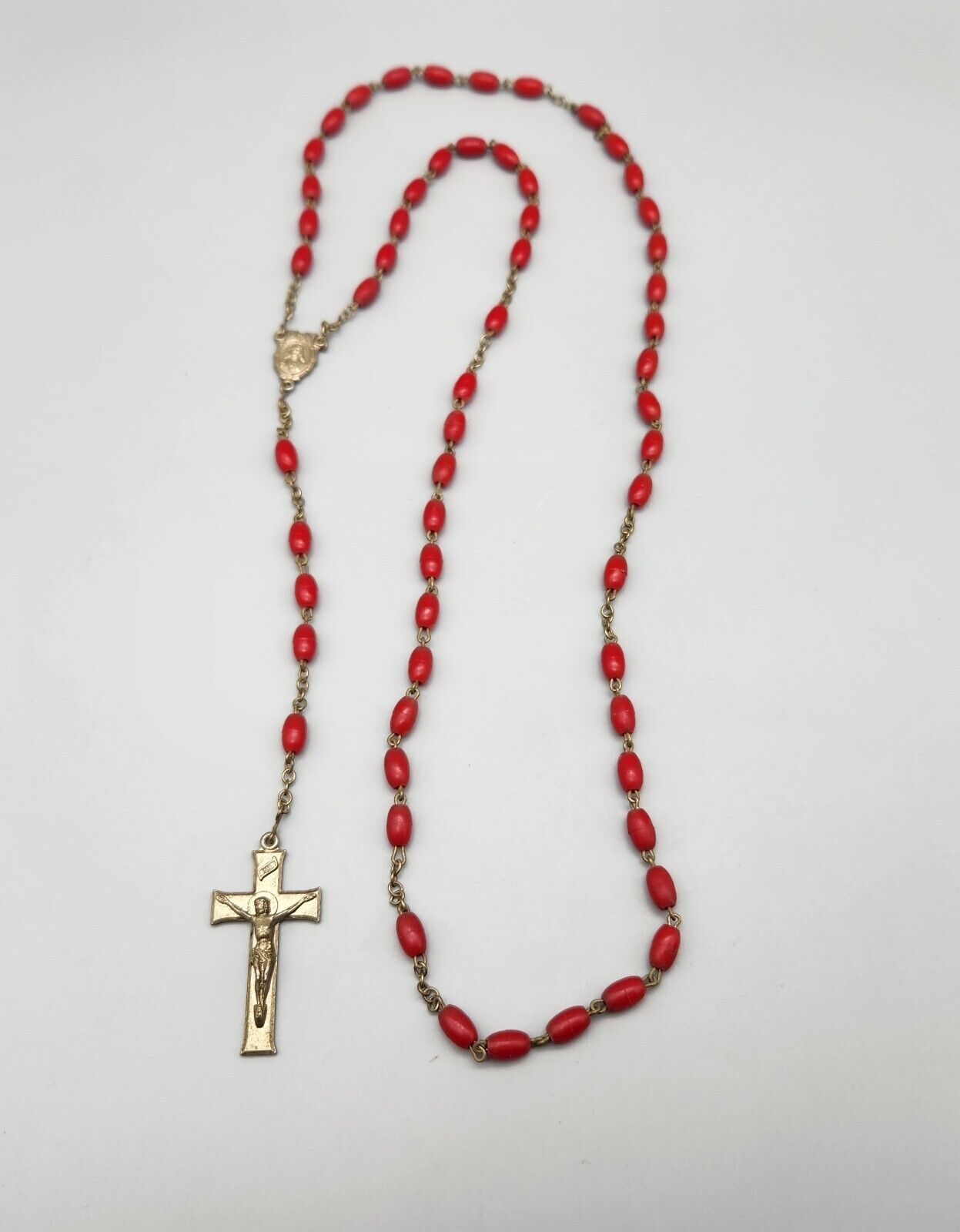 Rosary Red Plastic Beads Catholic Crucifix Cross Vintage Jesus Religious   
