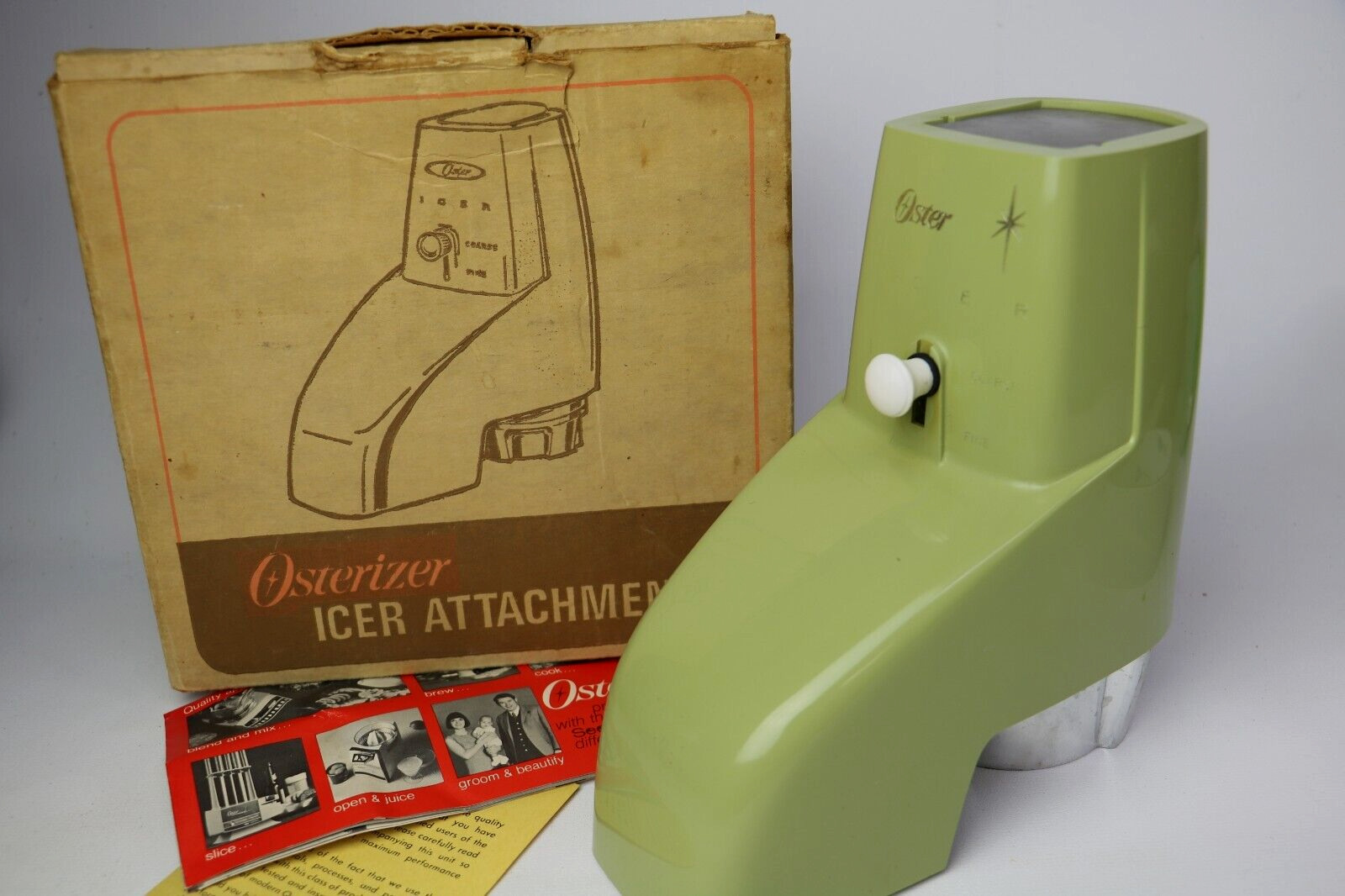 Vintage 70's Osterizer Icer Attachment Model #435 Avocado Green in Box