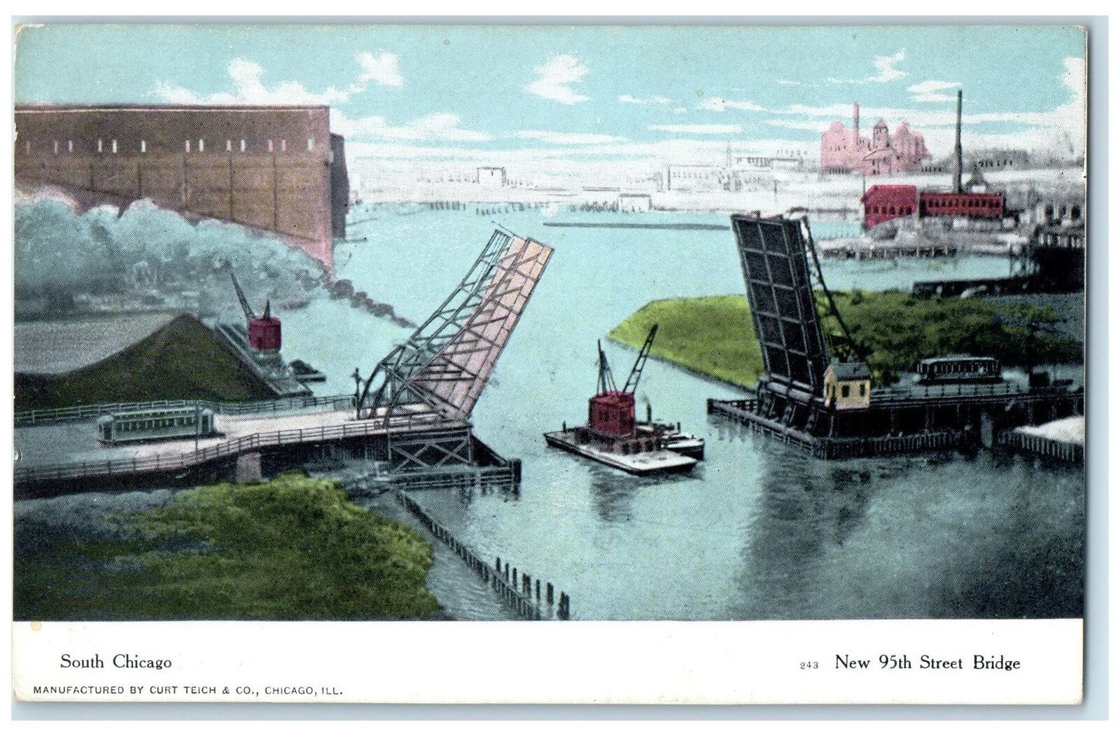 c1920's New 95th Street Bascule Bridge Open Up South Chicago Illinois Postcard