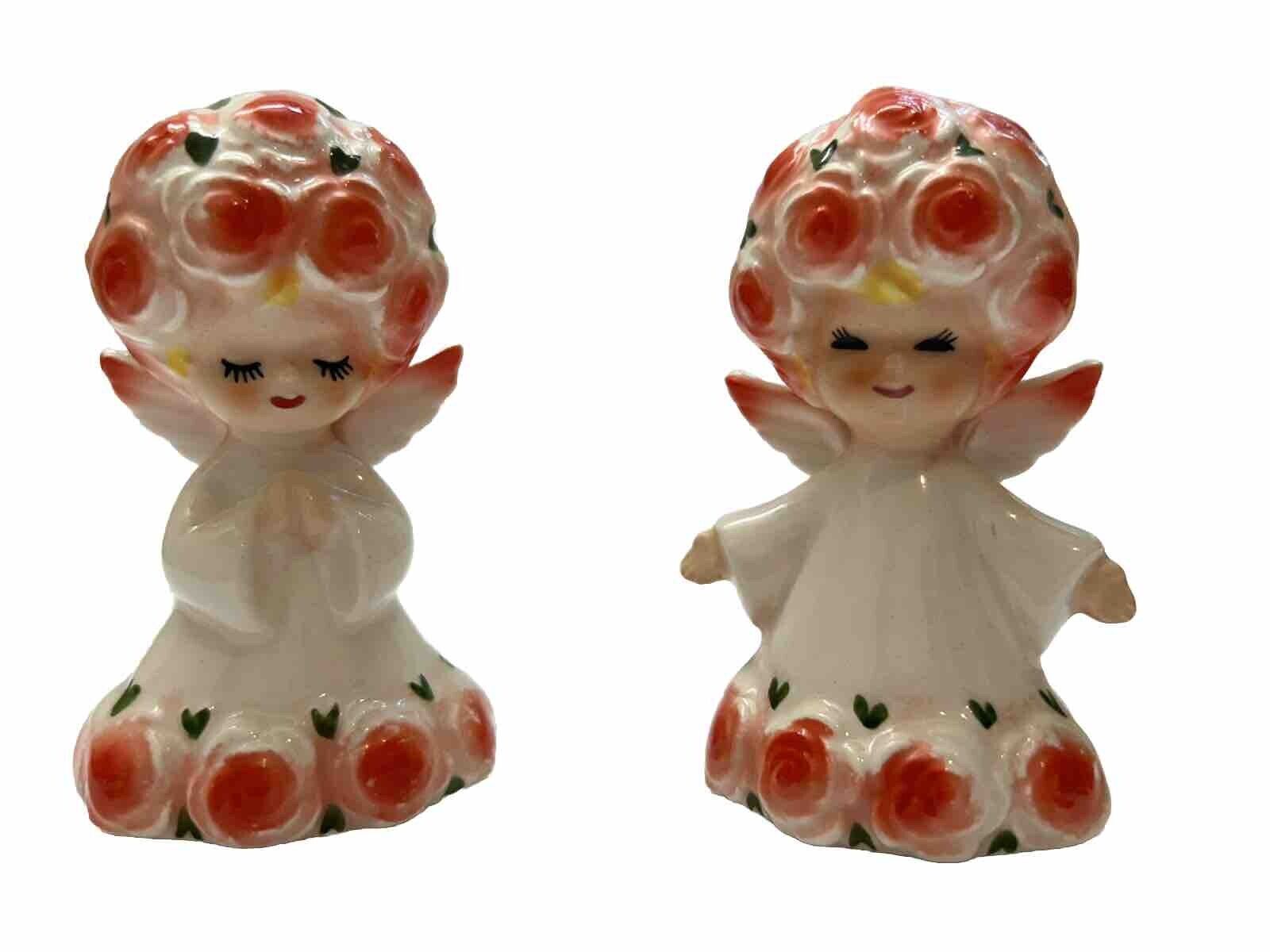 VTG Lefton Red Valentine Girl Porcelain Angels Bell Roses Hat Set Of 2 Tag Rare