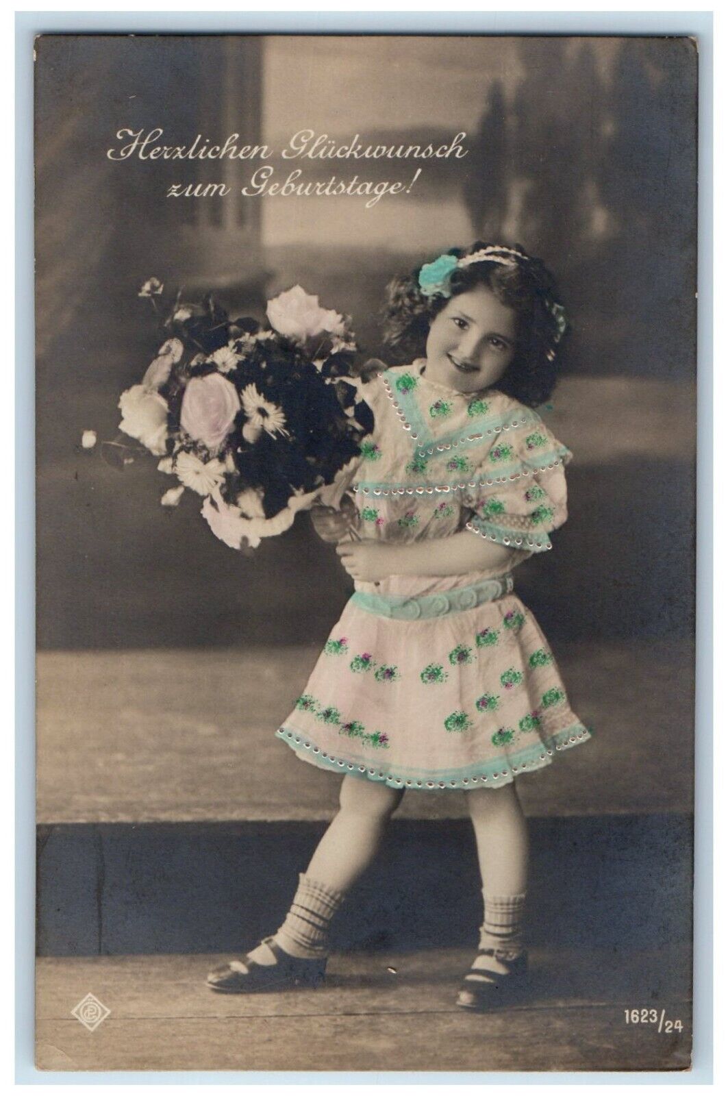c1910's Birthday Little Girl With Flowers Bouquet And Letter RPPC Photo Postcard