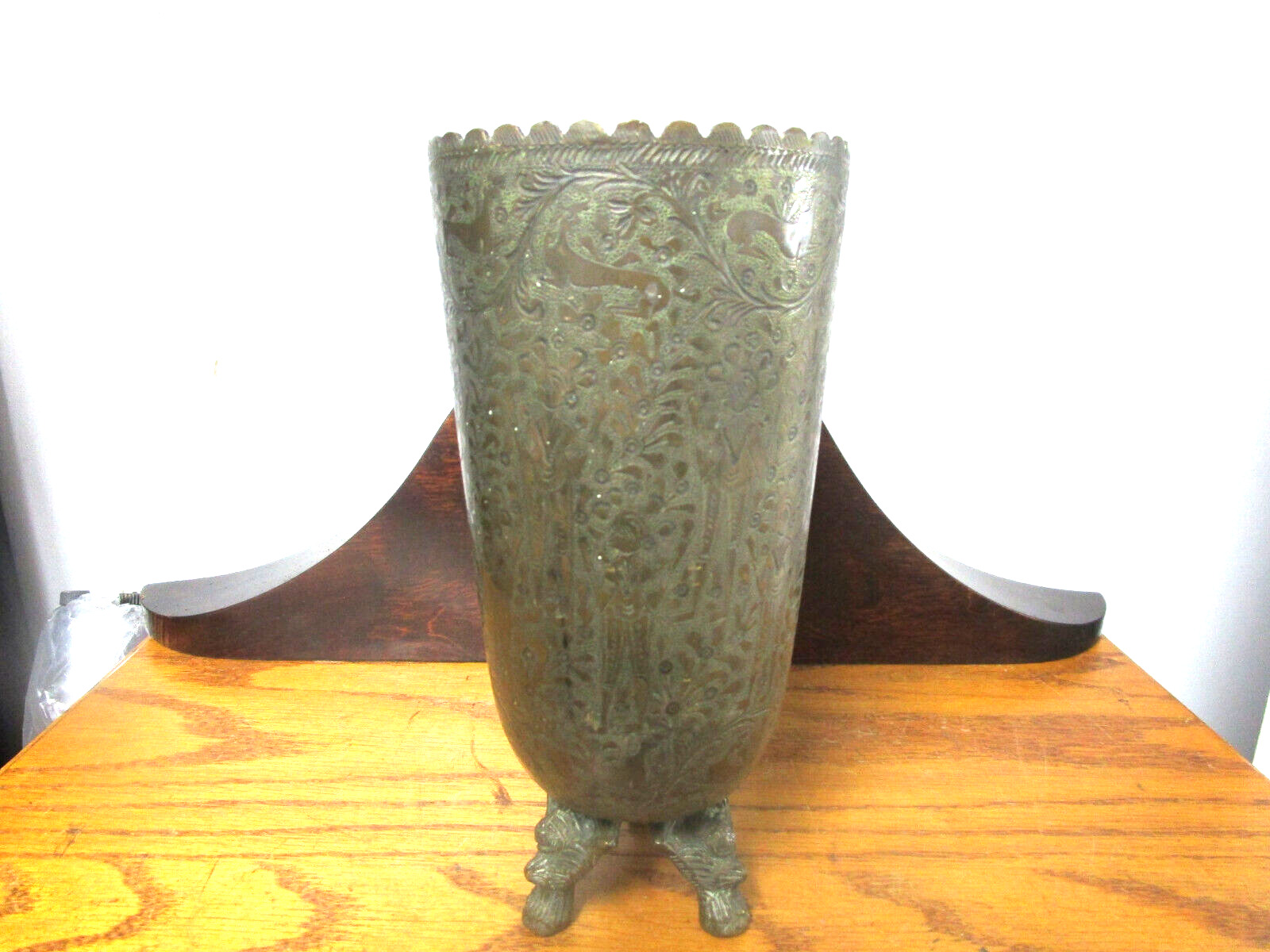 Vintage Footed Middle Eastern Brass Etched Vase