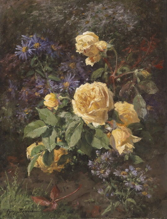 Art Oil painting still life yellow roses flowers in landscape hand painted