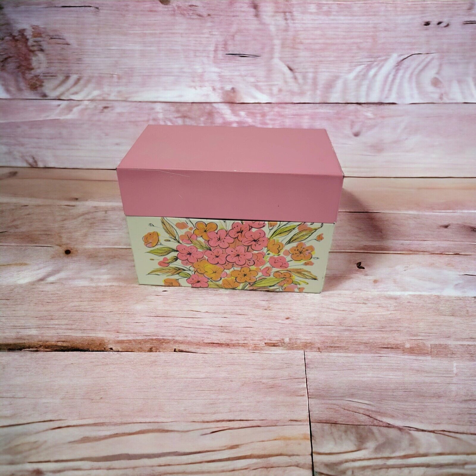 Vintage Ohio Art Metal Floral Recipe Card Box Holder Pink White Green