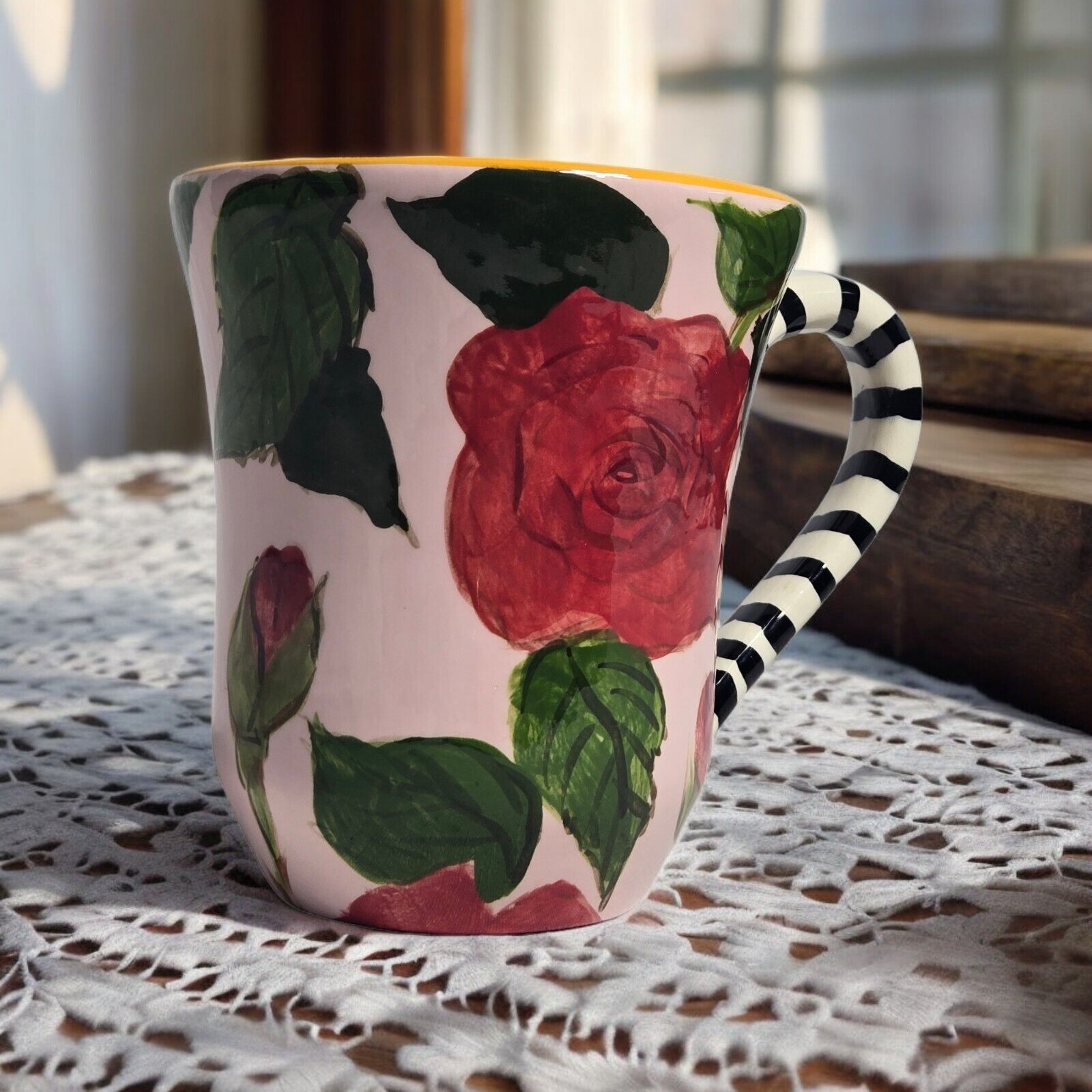 DROLL DESIGNS Hand Painted Coffee Mug Cup - Rose Striped Handle Yellow Inside