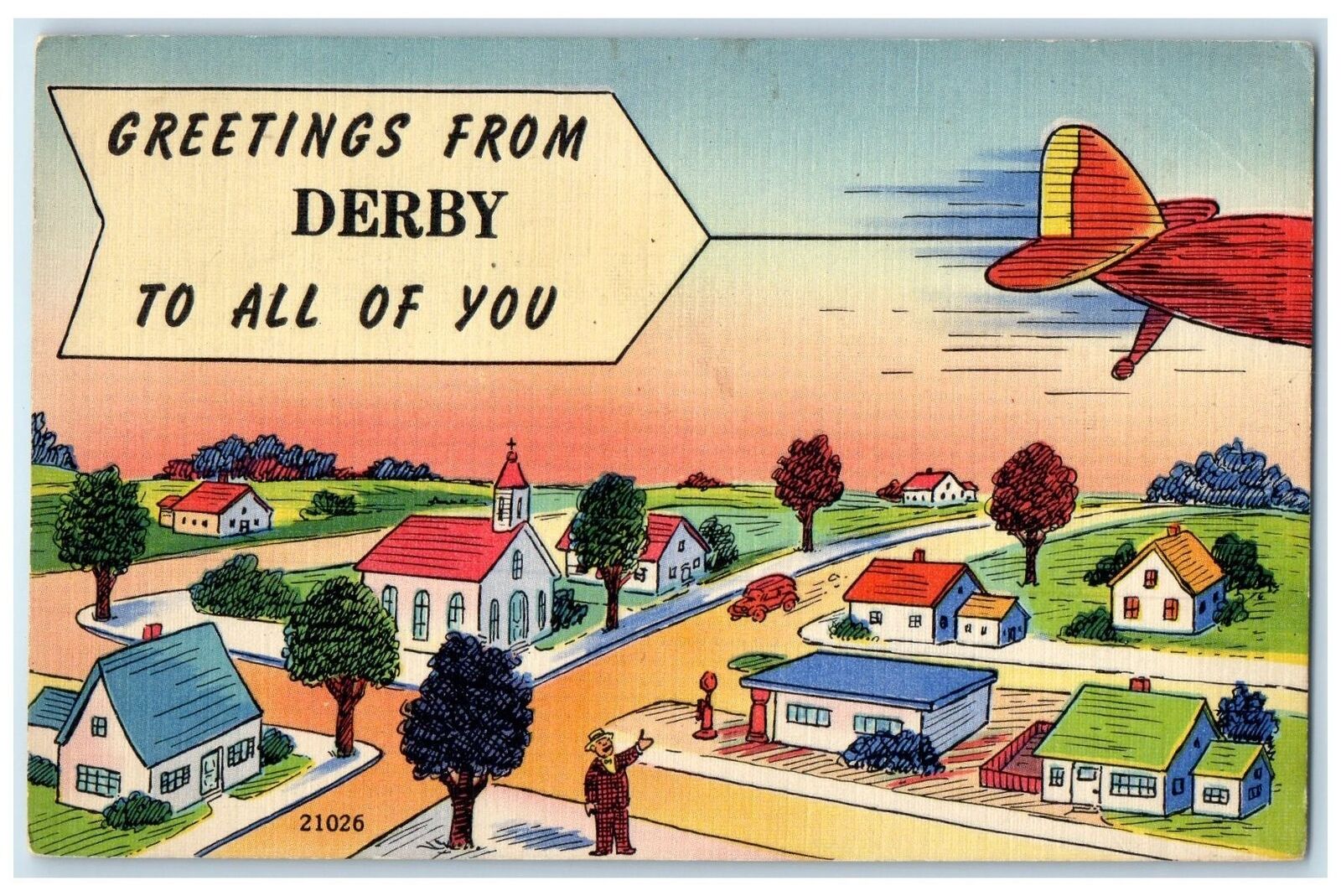 c1940's Greetings From Derby Kansas KS Unposted Aeroplane Residences Postcard