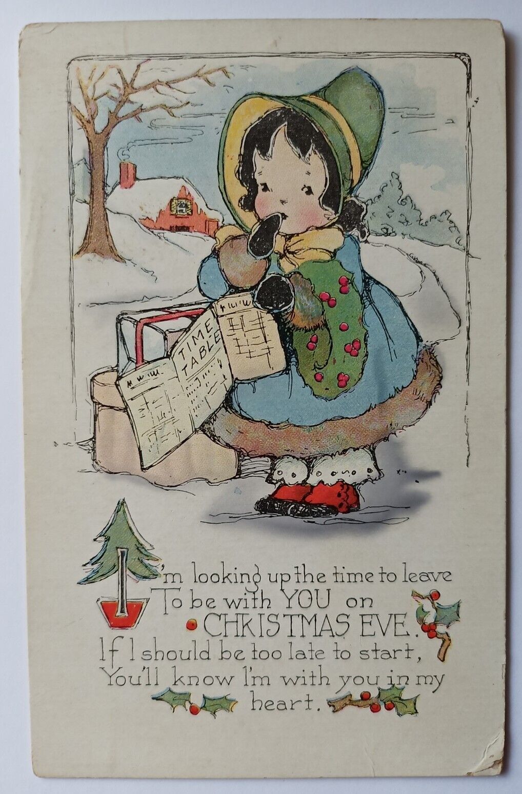 Christmas Little Girl with Train Schedule Holiday Antique Postcard Undivided 