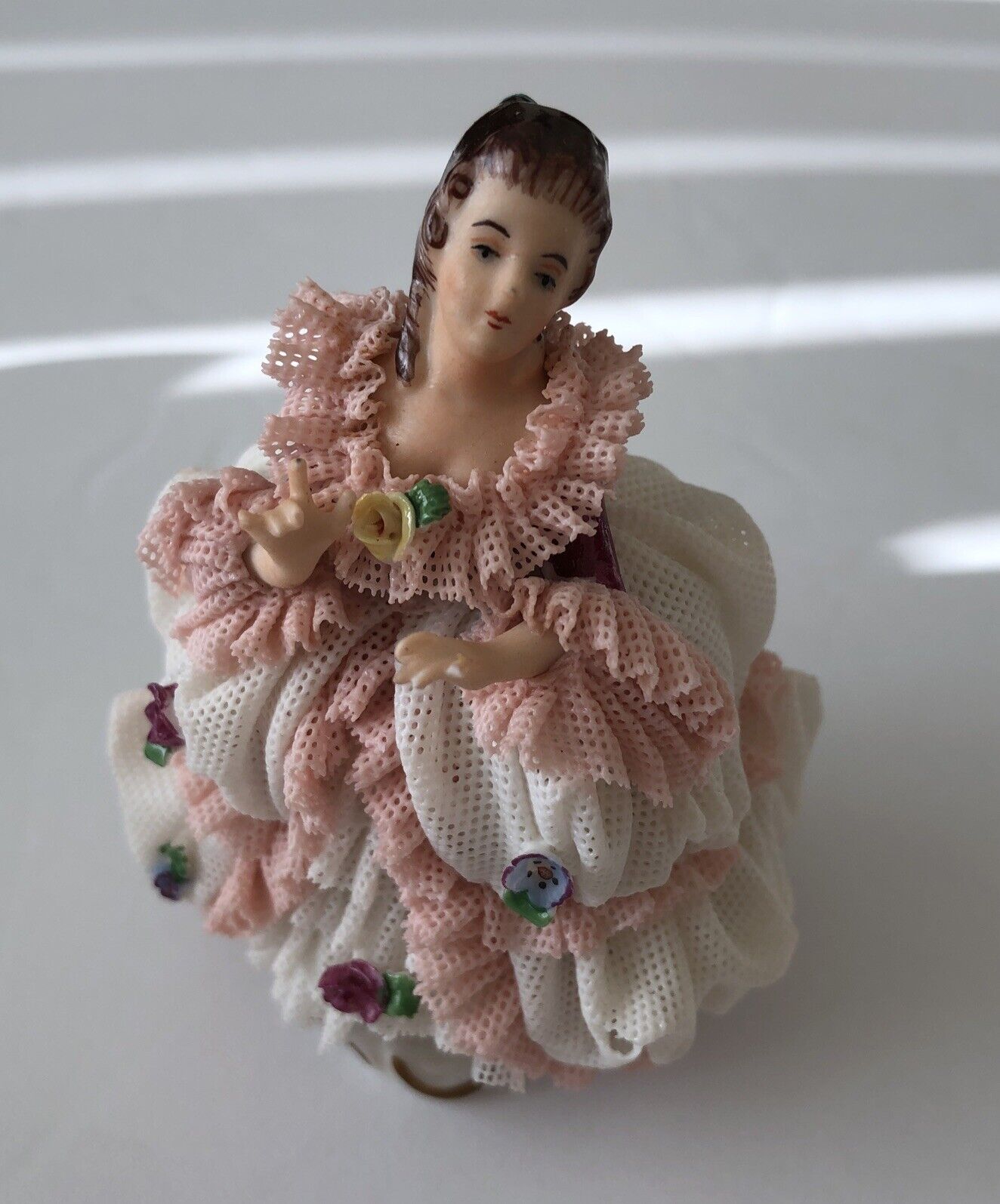 Vintage Dresden Porcelain Victorian Lady Figurine Pink White Lace Dress Germany