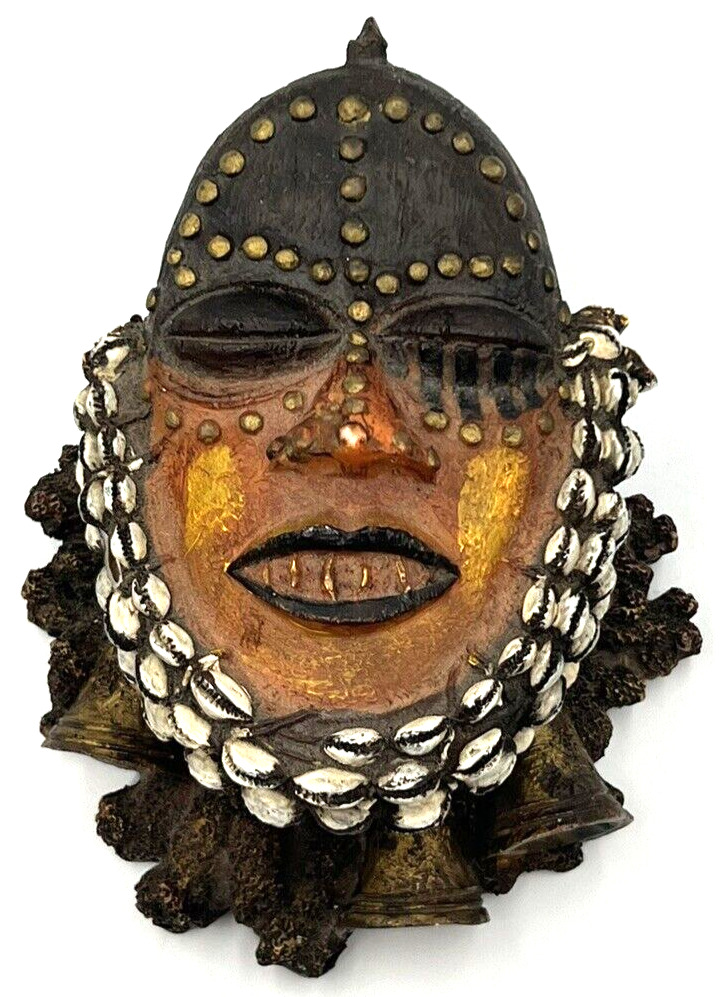 African Dan Mask Faux Wood Tribal Mask Trinket Keepsake Box w/Lid Cowrie Shells