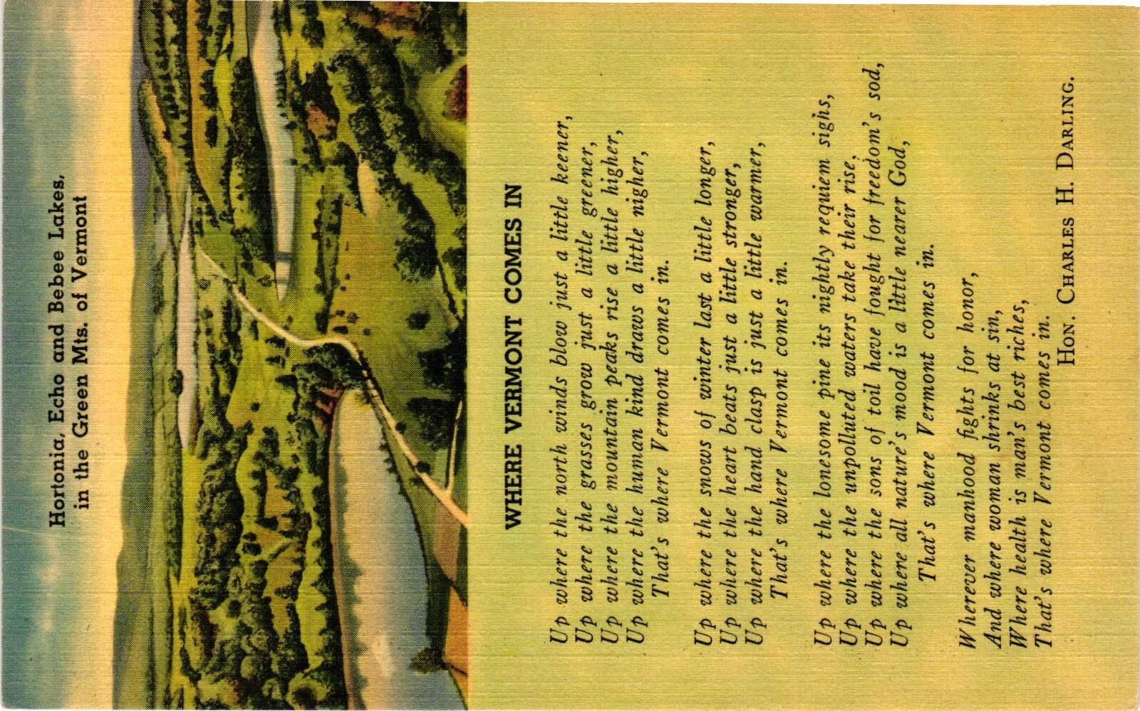 Vintage Postcard- Hortonia, Echo and Bebee Lake, Where Vermont Comes In, Green M