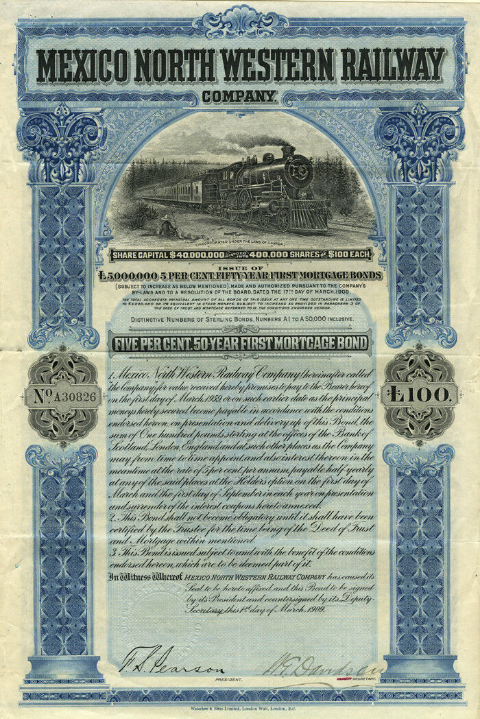 Mexico North Western Railway Co. - 100 - Bond (Uncanceled) - Foreign Bonds