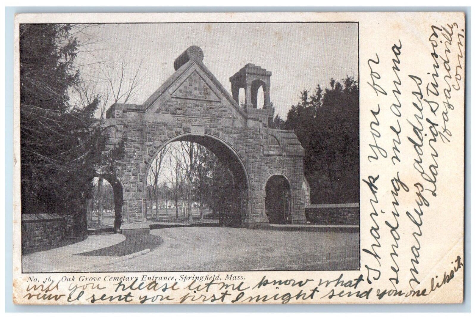 1906 Oak Grove Cemetary Entrance Springfield Massachusetts MA Antique Postcard