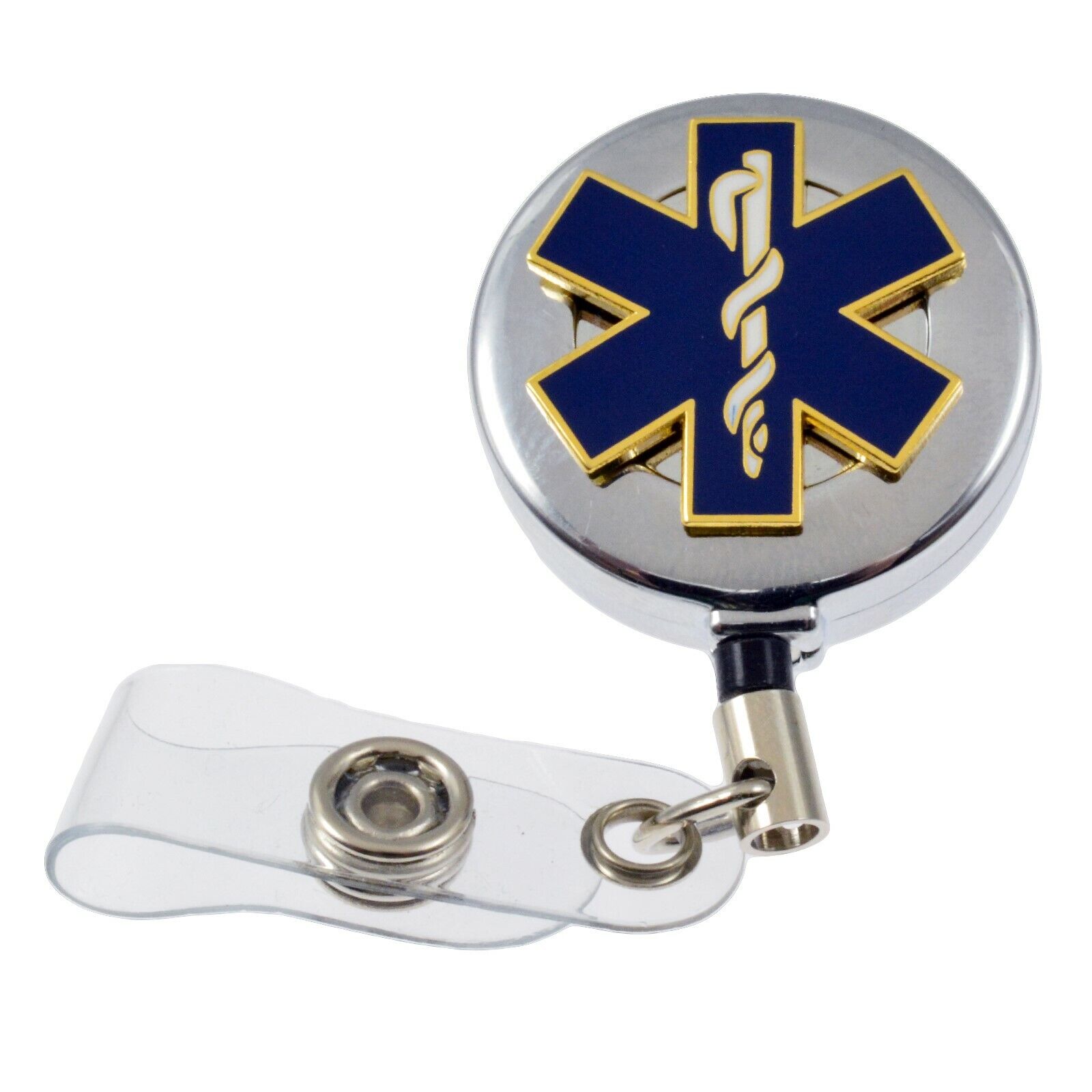 Chrome Star of Life EMS EMT Retractable Security ID Card Badge Holder Reel