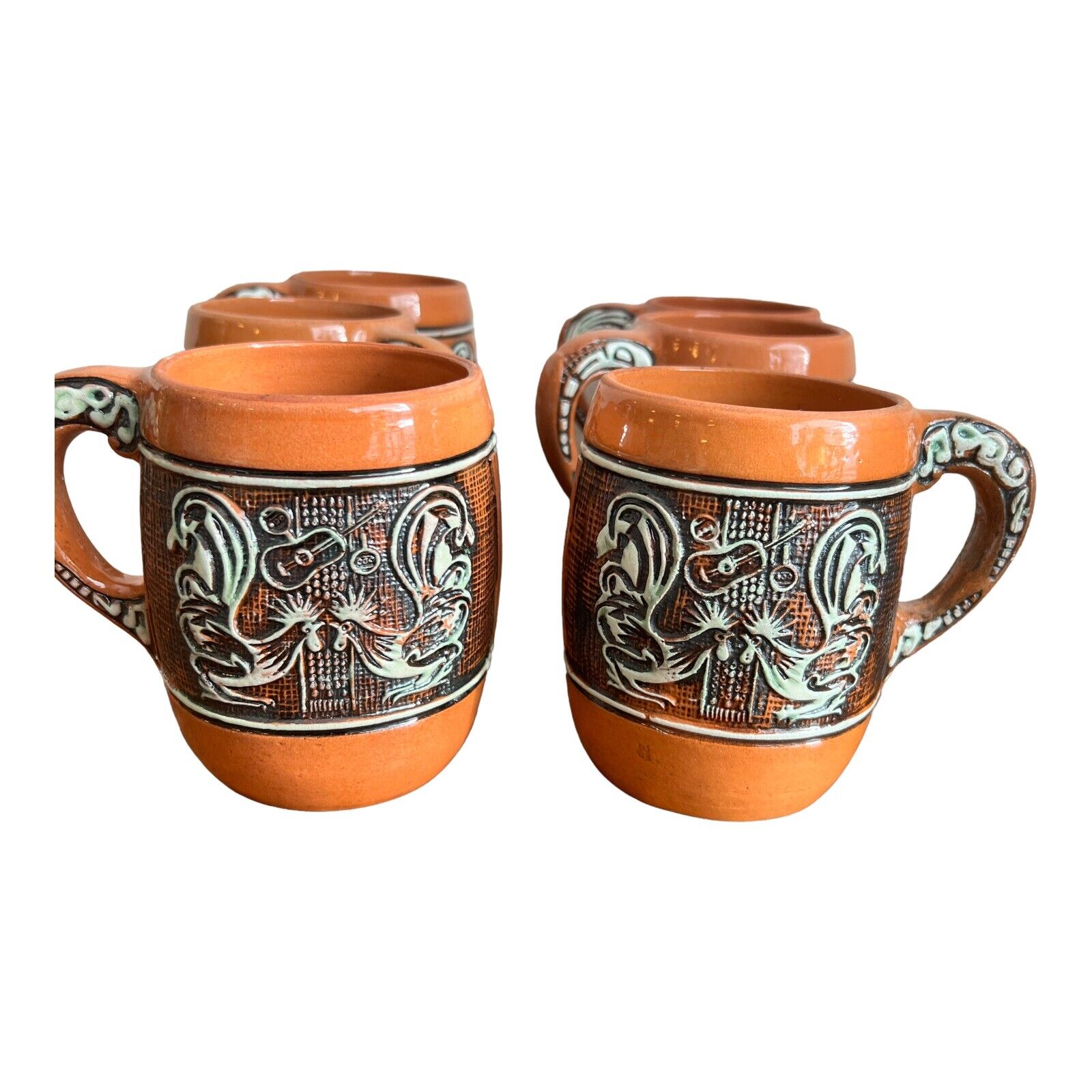 Vintage Terra Cotta Aztec Southwestern Style Large Glazed Mugs Set of 6