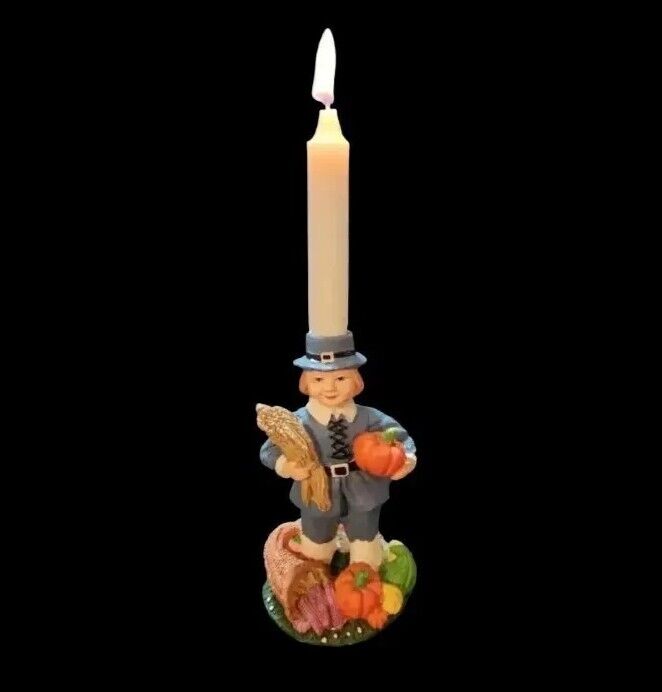 Vintage Pilgrim Boy Harvest Pumpkin Cornucopia Candle Holder Ceramic Figurine 5\