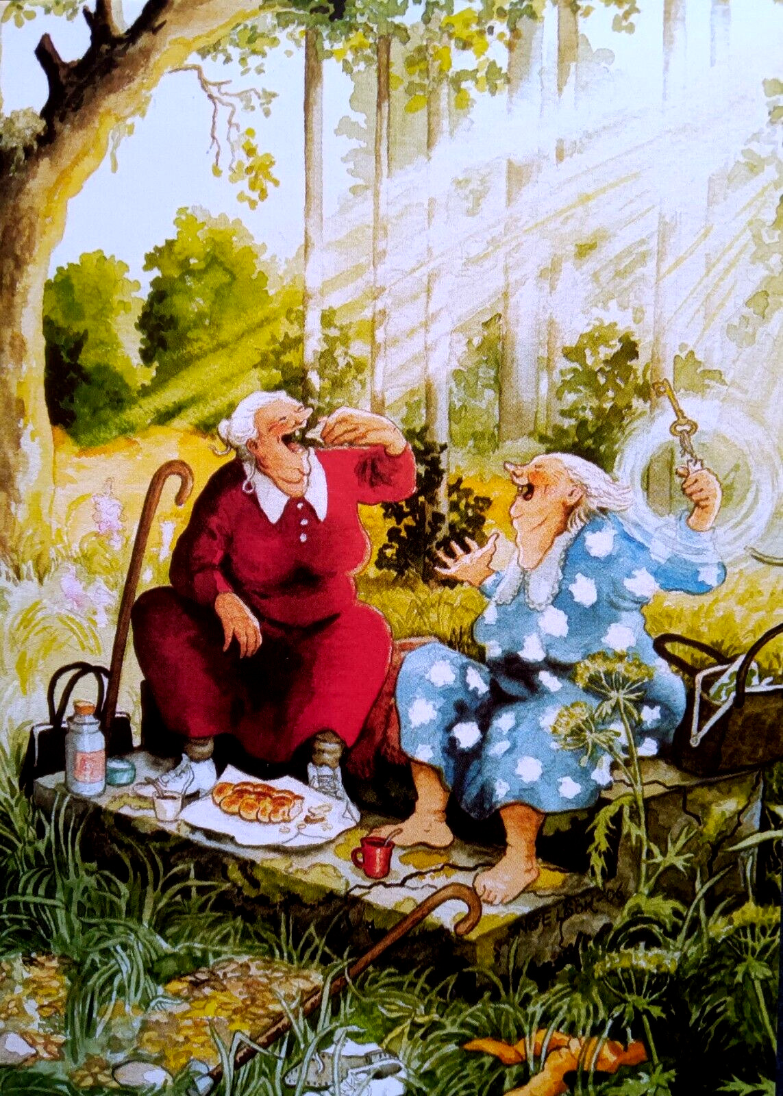 Postcard Two Old Ladies Walk Woods Picnic Fun Outdoors Inge Look Finland