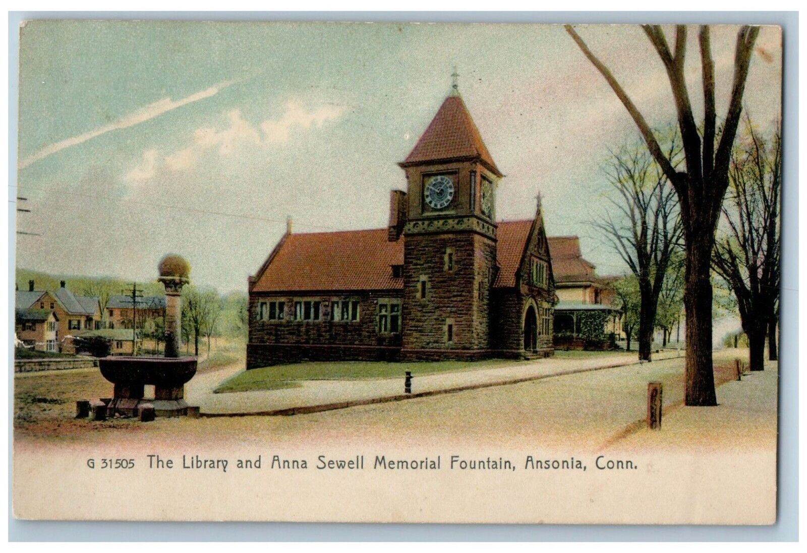 1907 Library Anna Sewel Memorial Fountain Ansonia Connecticut CT Posted Postcard