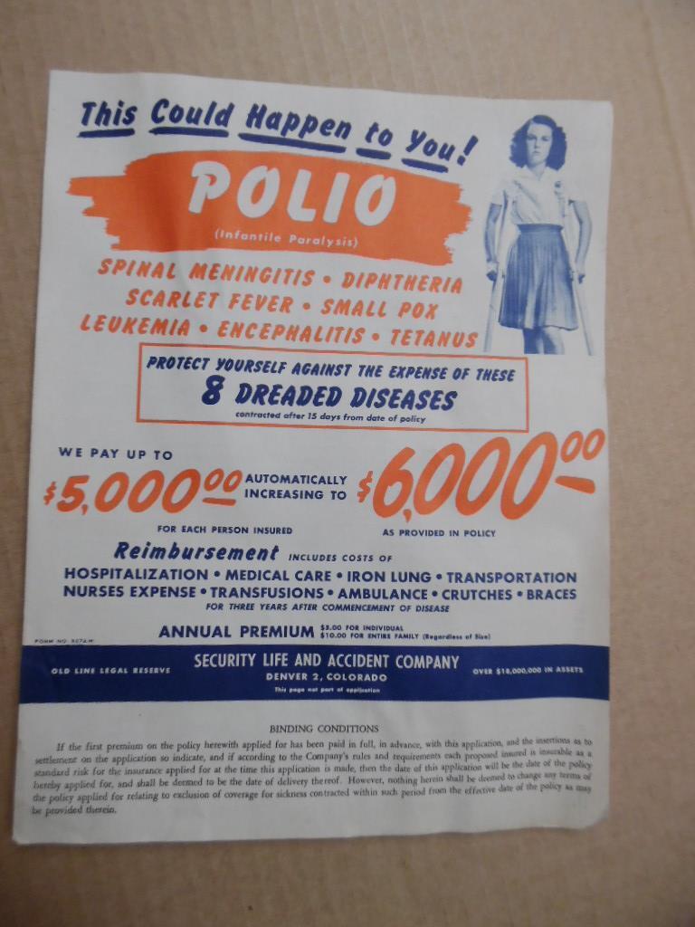 c.1950 POLIO Epidemic Iron Lung Medical Insurance Advertising Flyer Vintage ORIG