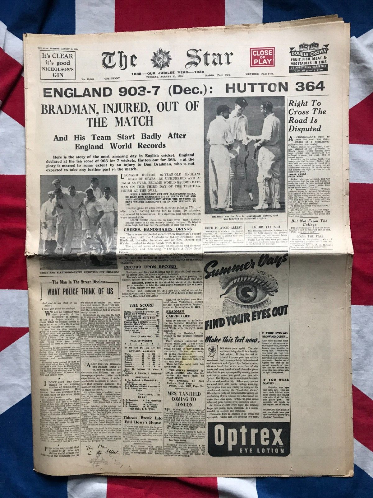 Original August  1938 Newspaper Len Hutton Don Bradman English Cricket Triumph